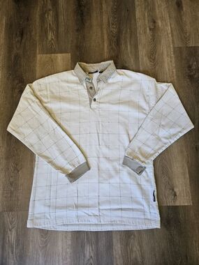 Structure Men's Cream Check Print 100 Cotton Long-Sleeve Rugby Polo Sz L